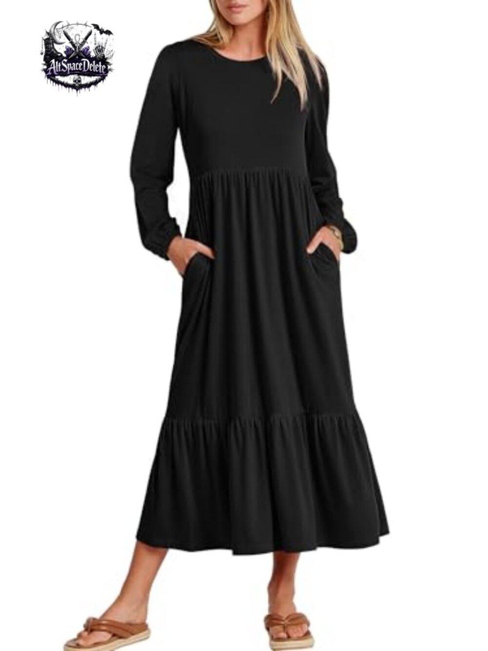 Long Sleeve Crew Neck Tiered Midi Dress with Pockets